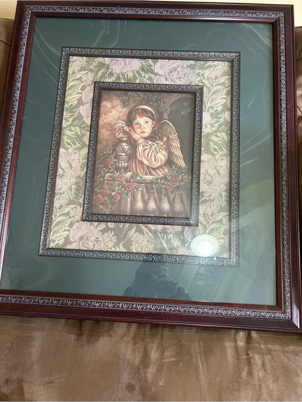 Framed Angel Art Print in Green and Brown